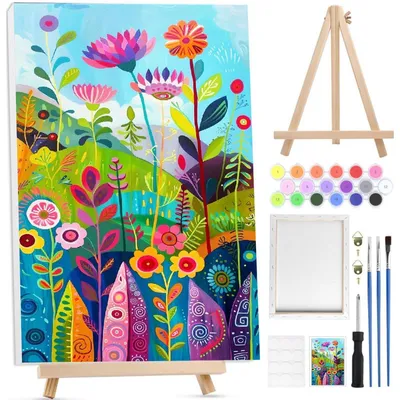 Produktbild von Malen nach Zahlen Set für Erwachsene mit Rahmen und Staffelei, Blumenlandschaft, 20x30 cm