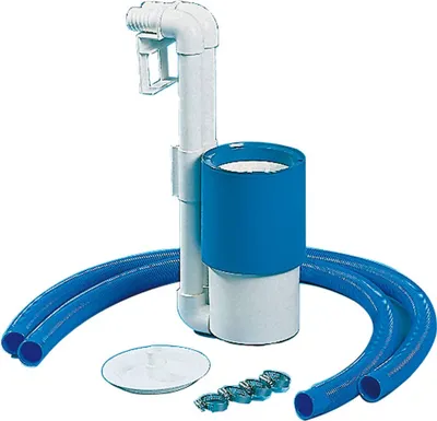 A white and blue pool skimmer package with hoses and clamps on a white background.