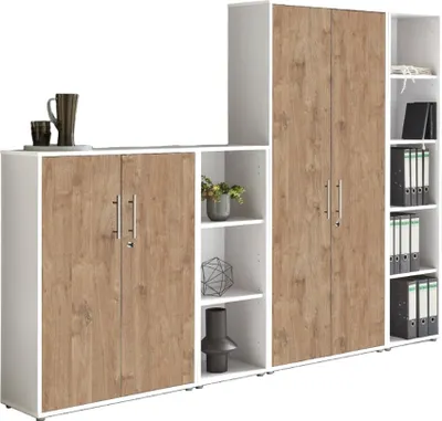 Produktbild von Aktenschrank TABOR 4 in weiß / Gold Harbor Oak, Schrankwand, Büroschrank, abschließbar, Metallgriffe