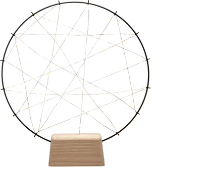 Produktbild von Konstsmide - LED Metallleuchter "kleiner Ring", mit Holz-Fuß, schwarz, mit Dimmer, mit an/aus Schalter, mit schwarzem Draht umwickelt, 100 bernsteinfarbene Dioden, 4,5V Innentrafo, 2W, schwarzes Kabel