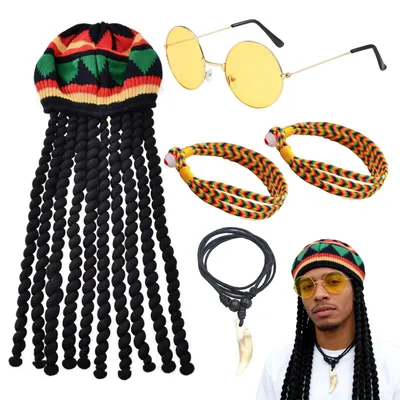 Hut mit Perücke, Kostüm-Set mit Brille, Armbändern und Kette