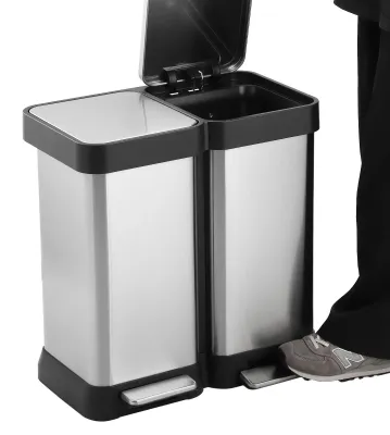 Image de Poubelle en acier inoxydable de 20 + 20 litres - Poubelle à pédale pour cuisine - 2 compartiments de 20 litres chacun pour le tri des déchets - 2 couvercles à fermeture douce - Anti-odeurs et anti-fuites - Rectangulaire - Argent