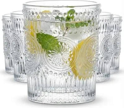 Produktbild von Kingrol 6 Stück Wassergläser 270ml Geprägte Trinkglas Vintage Saftgläser Cocktailgläser Longdrinkgläser für Wasser Saft Bier Milch Getränke