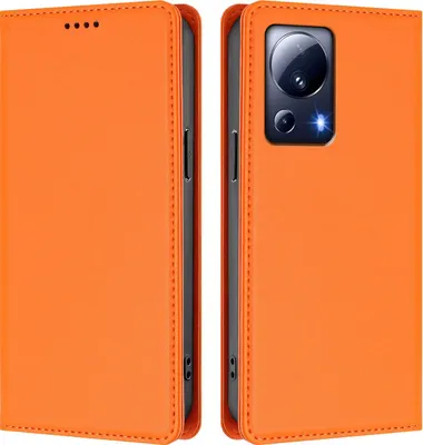 Image de Etui en cuir pour Xiaomi 13 Lite, étui magnétique en cuirPolyuréthaneavec support Orange