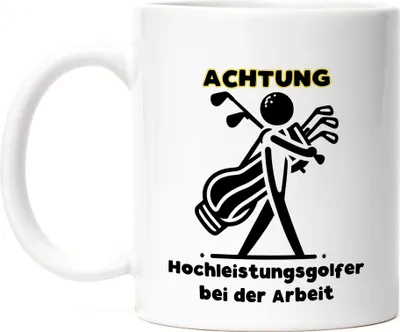 Produktbild von Achtung Hochleistungsgolfer bei der Arbeit Silhouette Golfbag Tasse Weiß - Geschenk für Kollegen