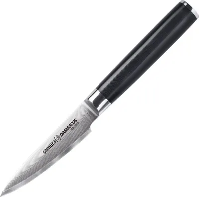 Produktbild von Samura Damascus Gemüsemesser, 67 Lagen Damaststahl, ultra-scharf, klein, 9 cm Klinge, ergonomischer G10 Carbon Handgriff, Schälmesser, Küchenmesser, Kochmesser