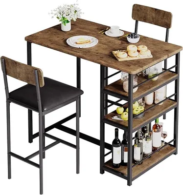 Productafbeelding van Bartoog met krukken, keukentafel, staande tafel met 2 barkrukken, hoge keukentafel met 2 plateaus en een wijnfleshouder, geschikt voor keuken en woonkamer
