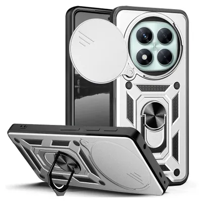 A silver and black armor phone case with a camera lens protector and a ring stand, shown from two angles.