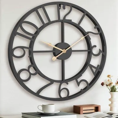 Produktbild von Industrielle Arabische Zahlentafel Wanduhr aus Metall, 33cm, schwarz, moderne Küche, Wohnzimmer, Büro, Esszimmer, Hausdekoration