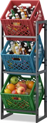 A three-tiered metal rack holding three plastic crates, one red, one blue, and one green, filled with bottles and fruit.