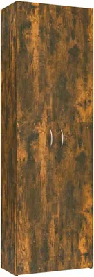 A tall, narrow cabinet with a rustic wood grain finish.