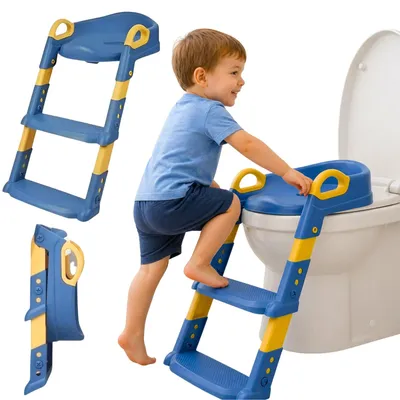 Immagine prodotto di Riduttore toilette bambini blu gradini regolabili in altezza schienale comodo soluzione pieghevole per bagno