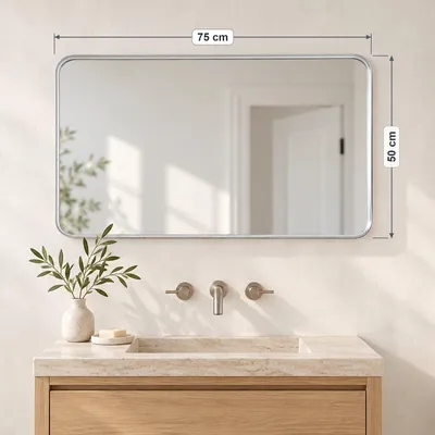 LunaMirror Theo 75 x 50 cm, rechthoekige wandspiegel met afgeronde hoeken en geribbelde aluminium lijst, zilverkleurig – 1