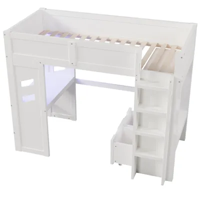 Produktbild von Gaming Hochbett mit Schreibtisch, LED-Beleuchtung, USB & Typ-C-Anschlüssen, integriertem Wäscheständer, Leiter & Schublade, Weiß, 90x200 cm