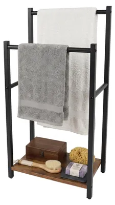 Zdjęcie produktu dla Stojak na ręczniki Relaxdays z półką, wymiary: 80x42x24 cm, 2 drążki, stojący, wykonany z MDF i metalu, kolor: czarny/brązowy