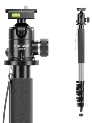 Productafbeelding van Walimex pro 1983 koolstofvezel monopoot + Onyx 8 kogelkop set, reiskofferstatief tot 185 cm hoogte met statiefkop van aluminium en een snelkoppelingsplaat die compatibel is met Arca-Swiss