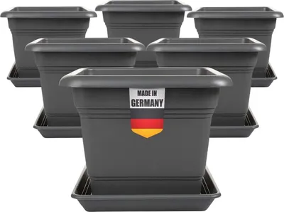 Produktbild von Eckige Pflanzkübel 28x28 anthrazit 6er Set wetterfest mit Untersetzer