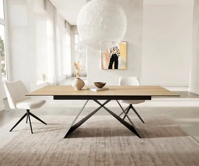 Produktbild von DELIFE Esstisch Edge 180-220x100 Keramik Laminam® Sabbia Eichefarbig V-Gestell Flachstahl Schwarz ausziehbar