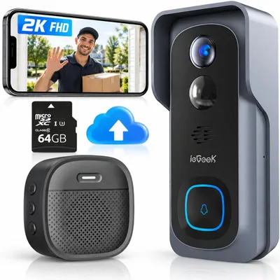Produktbild von ieGeek 2K Video Türklingel mit Kamera 64GB SD Karte WLAN Funkklingel mit Gong PIR Personenerkennung 166° Blickwinkel IP66 wasserfest Zwei Wege Audio