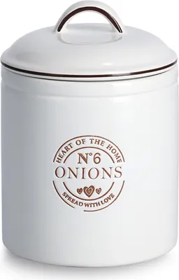 A white ceramic onion storage container with brown text and a brown handle.