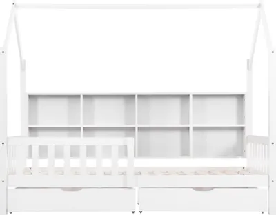 Produktbild von Merax Kinderbett 90x200cm mit Lattenrost und 2 Schubladen, Mehrzweck Ablageregal und Stauraum, Hausbett Kinderhaus Spielbett Jugendbett, Weiß