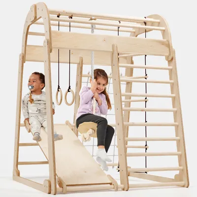 Image de Structure d'escalade en bois pour enfants, à l'intérieur et à l'extérieur, Montessori, balançoire, mur d'escalade, corde à grimper et échelle de corde – pour les enfants de 3 à 8 ans