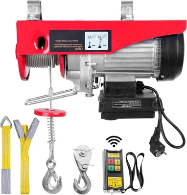 A red electric hoist with various accessories, including straps, hooks, and a remote control, displayed against a white background.