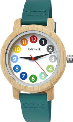 Produktbild von Holzwerk RAINBOW BLUE bunte kleine Damen Leder & Holz Uhr in weiß, türkis blau