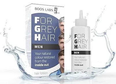 Produktbild von BOOS LABS For Grey Hair for Men Gegen graues Haar, gesunde Alternative zu Haarfärbemitteln, Haarwurzel-Auffrischung, Enzymatisches Haarprodukt