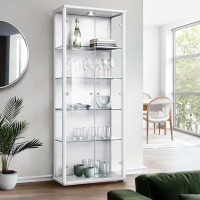 Produktbild von K-Möbel Glasvitrine stehend in Weiss (176x67x33 cm) mit 4 höhenverstellbaren Glasböden & LED - Standvitrine - Vitrinenschrank - Sammlervitrine