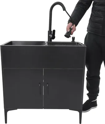 Zdjęcie produktu dla Zlewozmywak - Kompletny zestaw zlewozmywakowy - Stal nierdzewna - Dwukomorowy - Wyciągana bateria - Koszyk cedzakowy - Rury odpływowe - Do samodzielnego montażu - Czarny