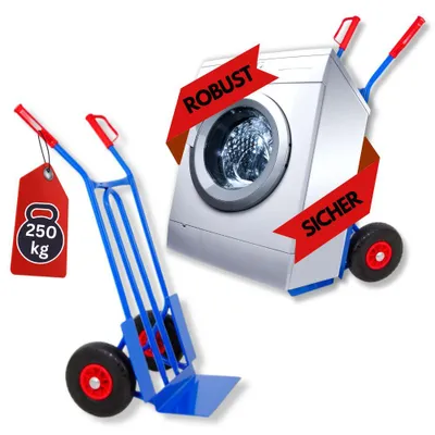 Produktbild von Stahlrohr-Sackkarre RHINO mit XL Schaufel, gebogenen Streben & pannensichere PolyurethanBereifung | Traglast 250kg | HxBxT 104x60x50cm | Blau | Transportkarre Staplerkarre
