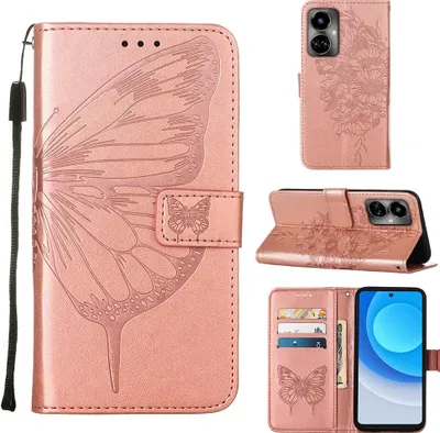 Produktbild von Tecno Camon 19 Hülle, Schmetterling Prägung Flip Leder Kartenfächer Schutzhülle Ledertasche mit Ständer für Tecno Camon 19 Roségold