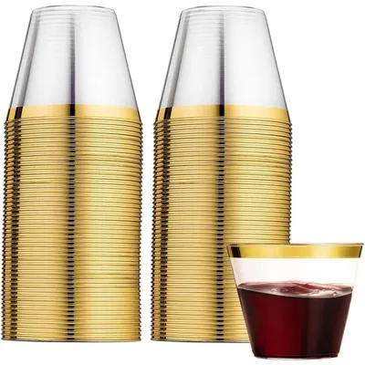 Productafbeelding van Plasticbekers met gouden rand, 60 stuks, 270 ml, transparant, herbruikbaar, geschikt voor feesten, afmetingen 8,9 x 7,1 cm