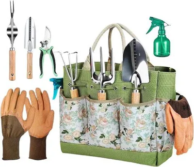 Produktbild von Famanu Gartengeräte Set - Pflanzwerkzeug mit Holzgriffen - 32x20x10 cm
