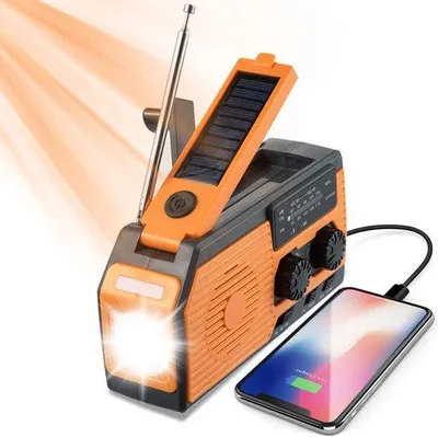 Obrázok produktu pre Prenosné solárne rádio s 5000 mAh batériou, dynamom, AM/FM, USB nabíjaním a baterkou – outdoor