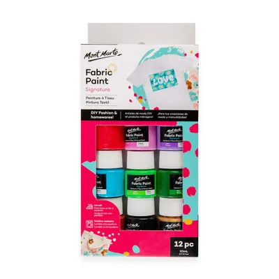 Produktbild von Mont Marte Textilfarbe SIGNATURE-Set, waschfesten Stofffarben, 12 Stück x 20ml Dosen, Waschfest & Hochpigmentiert, in verschiedenen Set-Größen