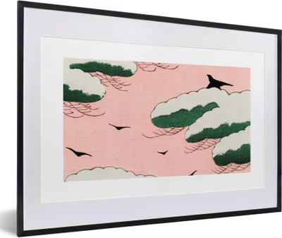 Produktbild von MuchoWow® Gerahmtes Poster Wolken - Vogel - Retro - Japanisch - Skandinavisch 60x40 cm - Poster mit Schwarzem Bilderrahmen Wandposter Rahmen Foto Bilder - Schlafzimmer - Plakat in Rahmen - Drucken