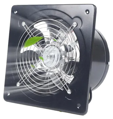 A close-up, angled view of a black industrial axial fan with a silver grille.