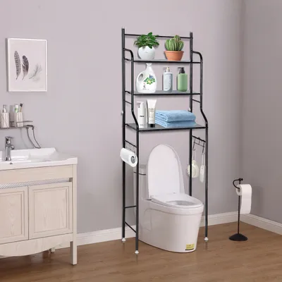 Produktbild von Toilettenregal Platzsparendes Badregal mit 3 Ablagen Metall 165x55x26cm Schwarz