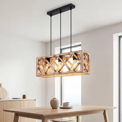 Produktbild von Hängeleuchte Holz Metall E27 H: max. 105 cm Schwarz geflammtes 3-flammig länglich Modern