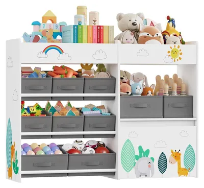 Produktbild von Kinderregal mit 10 Boxen auf Rollen, weißes Bücherregal für Kinderzimmer