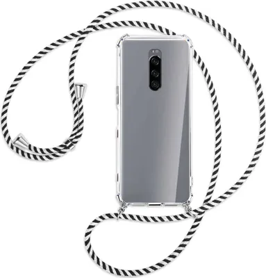 Produktbild von Handykette Backcover-Schutzhülle mit Band (Metall silberfarben) für Sony Xperia 1 - schwarz/weiß gestreift