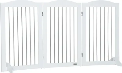 Productafbeelding van Hondenafrastering, deurbeveiliging, inklapbaar, hondenpoort, standaard, 3 panelen, traphek, wit, 154x30x80 cm