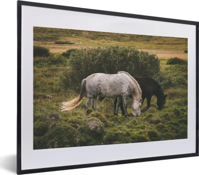 Produktbild von MuchoWow® MuchoWow® Gerahmtes Poster Pferde - Gras - Strauch 40x30 cm - Poster mit zchwarzem Bilderrahmen - Bilderrahmen - Poster im Rahmen