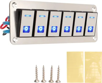 Produktbild von 6-Gang-Wippschalterfeld, 12 V, 24 V, blaue LED, wasserdicht, SPST, Ein/Aus, vorverkabelt, für Auto, Boot, LKW, UTV
