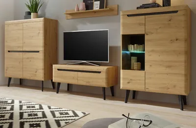 Produktbild von Wohnwand Ronson in Artisan Eiche und schwarz Wohnkombination skandinavisch 344cm