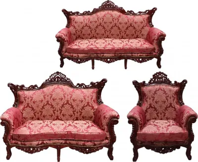 Produktbild von Casa Padrino Barock Wohnzimmer Set Bordeaux Muster / Braunrot - 3-er Sofa + 2-er Sofa + 1 Sessel - Barock Möbel
