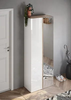Produktbild von Schuhschrank >Farina< Spiegel, Weiss Hochglanz Lack / Eiche Cadiz Nachbildung - 70x185x35cm B/H/T