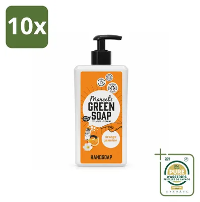 Obrázok produktu pre 10 kusov ručne vyrábaného mydla Marcel's Green Soap na ruky – pomaranč a jazmín – 500 ml – balenie
